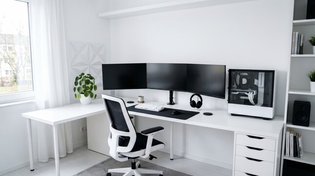A sleek, minimalist home office with a triple monitor setup and ergonomic chair. Concept of remote work, productivity, and modern design, attracting tech enthusiasts. Generative AI.