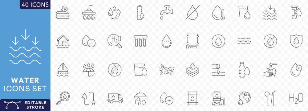 Water line editable icon set. Containing water,  drop, rain, glass of water, shower, drinking water Etc. Fully Editable. Vector illustration.