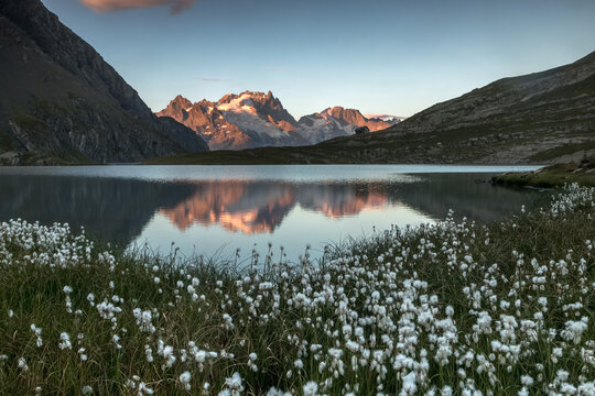 Lac du Gol&eacute;on en &eacute;t&eacute; , lever du soleil sur la Meije , Hautes Alpes - Alpes France