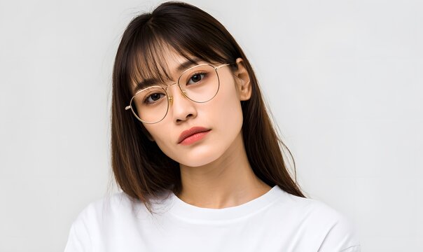 beautiful Korean female model with Hime cut hair style and fashionable titanium frame glasses