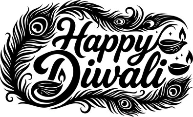 Fototapeta premium Black Silhouette Happy Diwali Diya Peacock Fusion