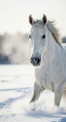 Fototapeta premium White horse galloping through deep snow in winter field with visible breath in cold air