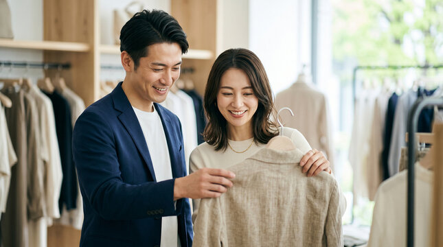 セレクトショップで洋服を選ぶカップル・夫婦・ディンクスの買い物デート