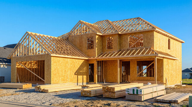 New residential wooden house construction site with OSB walls, roof beams, and building materials under blue sky