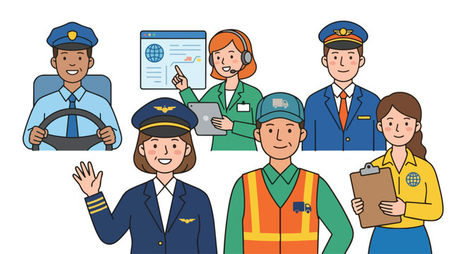 Diverse Transportation and Logistics Workers Team Illustration Vector Graphic Featuring Pilots, Drivers, Dispatchers and Delivery Personnel