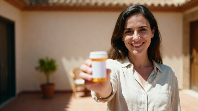 [Woman] [with cheerful mood] [holding a bottle of pills towards the camera]