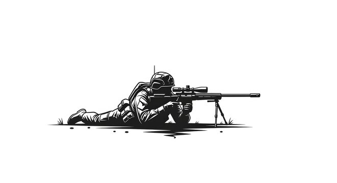 Military sniper silhouette aiming long-range rifle with scope and bipod in prone position isolated on white background.