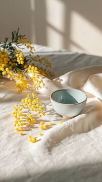 soft playful composition featuring mimosa yellow flowers scattered on a pearl white linen cloth, with a sky blue ceramic cup placed slightly off-center, natural daylight streaming in from a window
