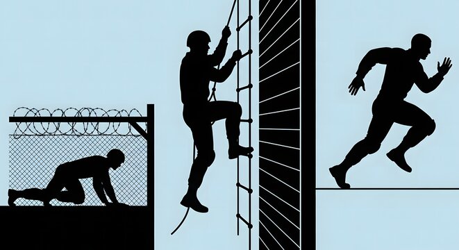 Silhouette of military soldiers in action during obstacle course training, crawling under barbed wire, climbing a ladder, and sprinting.