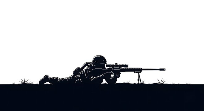 Military sniper silhouette aiming a long-range rifle with scope and bipod in prone position, isolated on white background.