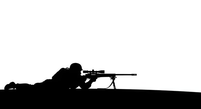Military sniper silhouette aiming rifle with scope in prone position isolated on white background.