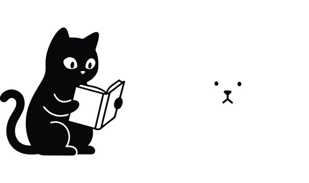 Vector illustration of cute black cat character reading book and minimalist cat face icon on white background