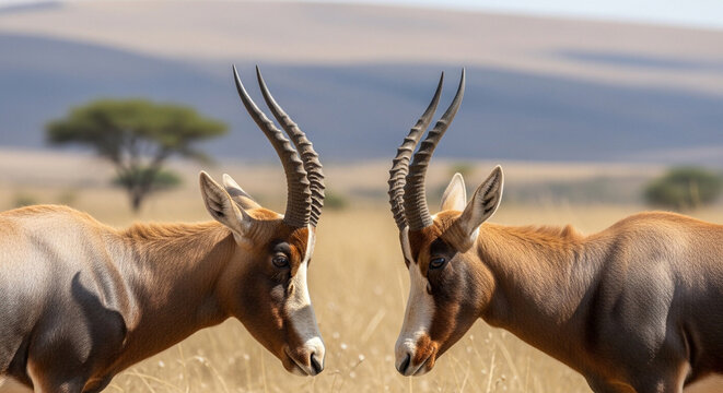 Sable antelopes, wildlife animals, savannah scene, brown mammals, horned creatures