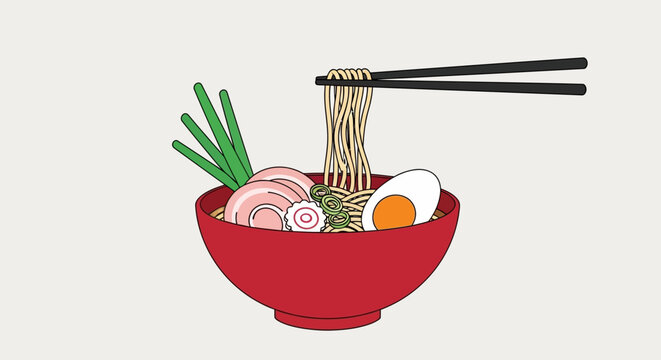 Flat 2D vector bowl of ramen with chopsticks lifting noodles, minimal, solid color, clean background