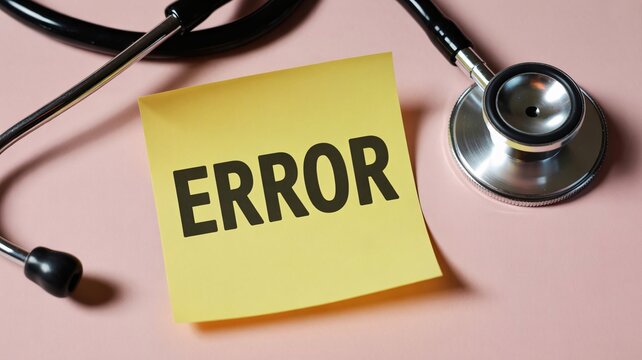 Medical error concept, stethoscope and yellow sticky note, healthcare mistake, error message