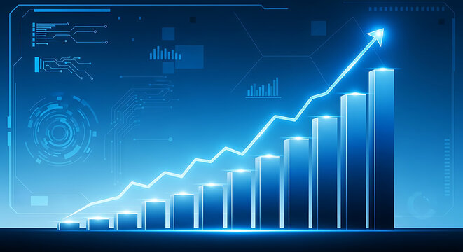 Blue growth chart with circuit board background data analysis visualization