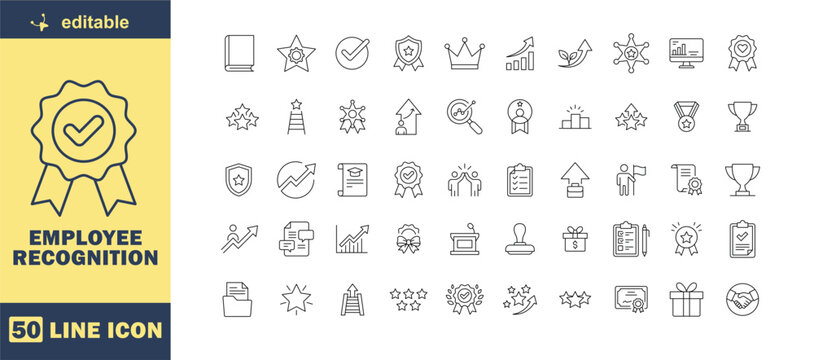 A collection of 50 line icons related to employee recognition on a white background