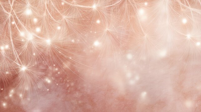 Soft glowing dandelion seeds floating in a warm, dreamy, pinkish-beige background with light sparkles a magical atmosphere, sweet rainbow pink background