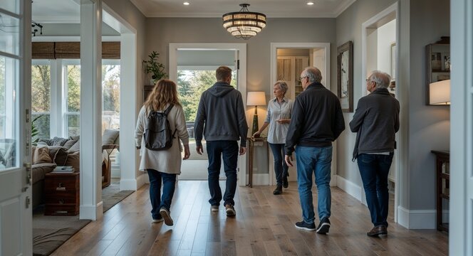 Visitors exploring an open house walking through rooms and asking questions about property features
