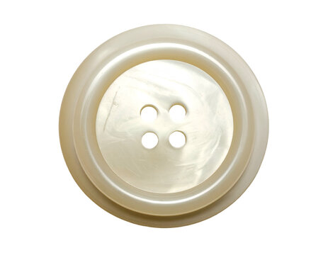 Circular, pearlescent fastener with four holes, isolated