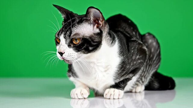 Black and white Devon Rex cat with amber eyes sitting on a reflective white surface against a bright green screen background, looking off-camera to the left in a studio setting.