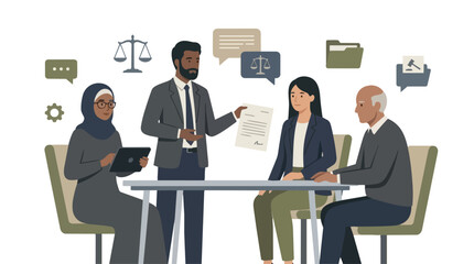 Obraz premium Legal Consultation with Diverse Team Examining Documents Professional Law Firm Meeting Illustration Vector