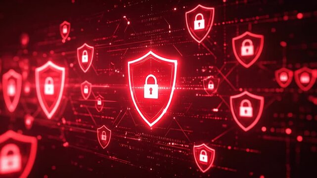 Digital security concept with glowing shields and lock symbols in a network setting