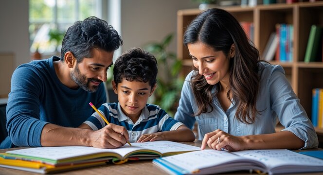 Parents helping child with homework at desk encouraging learning and providing guidance in supportive environment