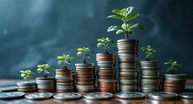 Investment concept with coins stacked in increasing order and small plant growing on top