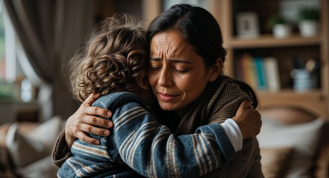 Mother comforting child with hug during emotional moment in cozy indoor environment