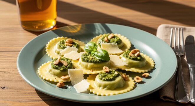 Delicious Ravioli with Pesto and Nuts