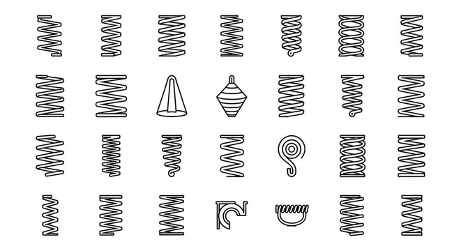 collection of various types of springs and coils in black and white outline
