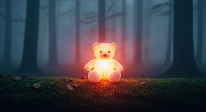 Glowing Teddy Bear in Enchanted Forest