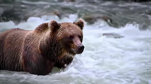 Large brown bear with thick wet fur standing in the middle of a fast-flowing river with white frothy rapids while looking towards the viewer in a natural wilderness environment.