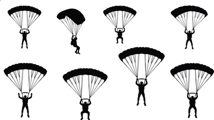 Parachute, skydiver, black, silhouette, collection, with, people, jumping, and, flying, in, the, sky, on, white, background, vector, illustration, set, isolated. © SUMAIYA