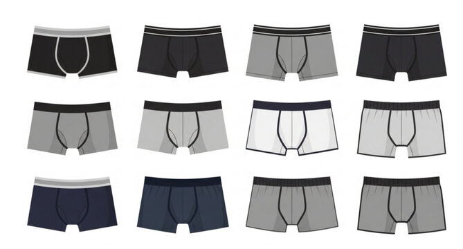 Men&rsquo;s underwear styles flat vector set boxer briefs trunks and boxers apparel template isolated on white