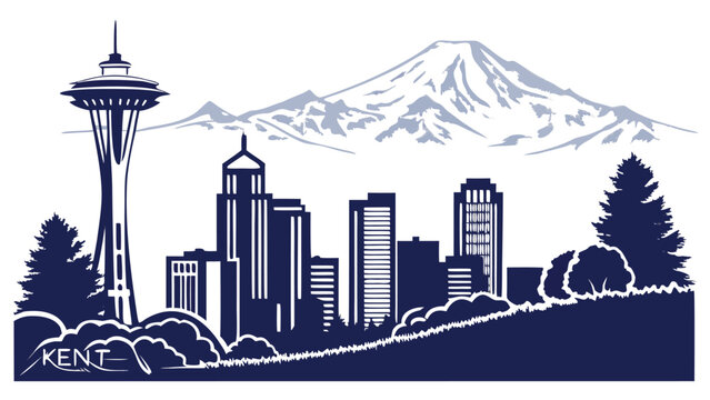 Kent skyline art featuring Sounder station and mountain
