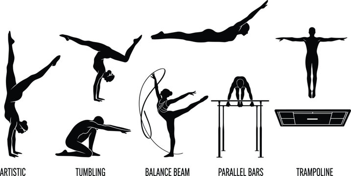Professional gymnastics silhouette icon set featuring artistic tumbling balance beam parallel bars and trampoline athletes for competitive sports graphic design projects.
