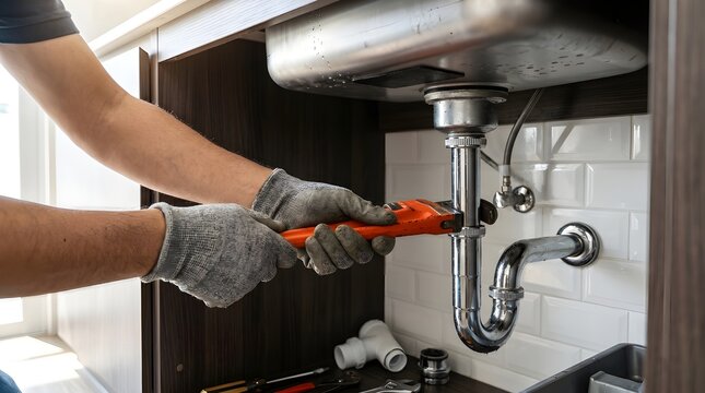 Professional plumber using wrench to repair leaking water pipe under kitchen sink, plumbing maintenance service fixing drain pipes, unclogging blocked or rusty kitchen plumbing system