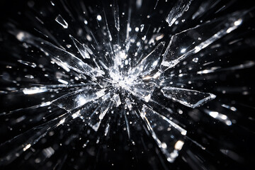 Fototapeta premium Shattered glass fragments in dynamic motion against dark background glass shards