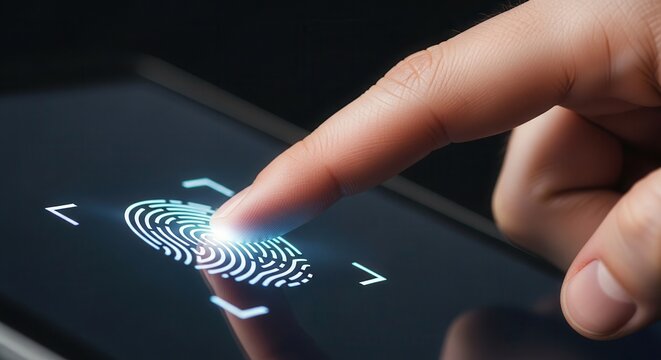 Finger pressing smartphone screen with glowing blue fingerprint scanner close-up