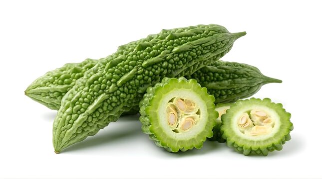 Fresh Bitter Melon Sliced Isolated on White Background Healthy Green Vegetable