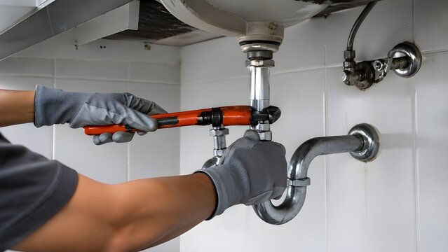 Professional plumber using wrench to repair leaking water pipe under kitchen sink, plumbing maintenance service fixing drain pipes, unclogging blocked or rusty kitchen plumbing system