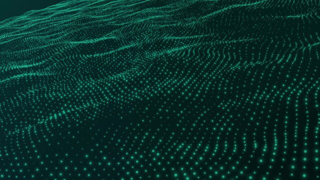 Abstract particle wave landscape with glowing dots, green digital terrain, futuristic data visualization background, flowing grid structure, technology network concept, 4K loop