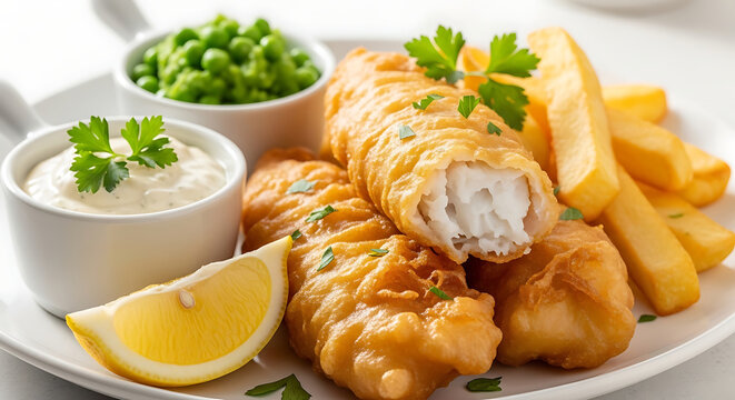 Golden Fried Fish and Chips Served with Mushy Peas Tartare Sauce and Lemon Wedge