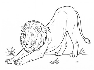 Obraz premium Cartoon lion stretching on grass in minimalist black and white line art. Line art, coloring page