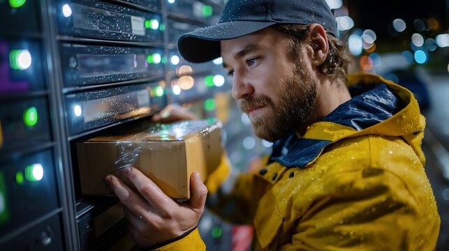 Night courier locking an e commerce parcel into a street pickup locker in the rain
