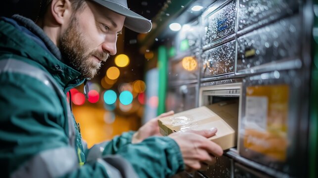 Night courier locking an e commerce parcel into a street pickup locker in the rain