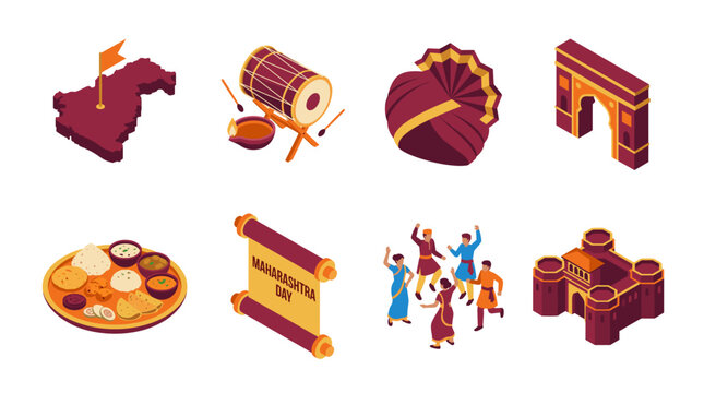 Isometric vector icon collection for Maharashtra Day state celebration, with a 3D state map, historical fort, traditional dhol drum, pheta turban, festive dancers, and food.