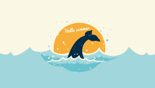 Illustration of a Whale's Tail Emerging from Ocean Waves Against a Vibrant Sunset Backdrop with Summery Vibes